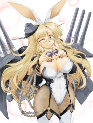 Rule 34 | 1girl, adapted costume, animal ears, black leotard, blonde hair, blunt bangs, breasts, cannon, fake animal ears, fishnet pantyhose, fishnets, grey-framed eyewear, heart, heart hands, highres, kantai collection, large breasts, leotard, long hair, long sleeves, northampton (kancolle), one eye closed, pantyhose, playboy bunny, rabbit ears, ranbu hararin, rigging, semi-rimless eyewear, shrug (clothing), solo, thighhighs, thighhighs over pantyhose, turret, two-tone leotard, under-rim eyewear, very long hair, white leotard, yellow eyes