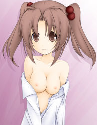 Rule 34 | 1girl, bare shoulders, breasts, brown eyes, brown hair, clothes pull, dress shirt, female focus, hair bobbles, hair ornament, highres, medium breasts, naked shirt, nipples, original, shirt, shirt pull, solo, tapioka (coconuts), twintails