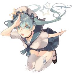 Rule 34 | 1girl, anchor print, aqua eyes, aqua hair, beret, black footwear, blue skirt, cats brain, floating hair, hair between eyes, hat, hatsune miku, kneeling, long hair, looking at viewer, mary janes, open mouth, pleated skirt, school uniform, serafuku, shoes, short sleeves, simple background, skirt, smile, solo, star (symbol), teeth, thighhighs, thighs, twintails, vocaloid, water drop, white background, white thighhighs