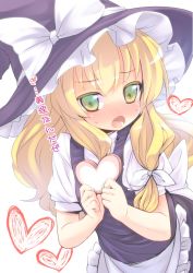 Rule 34 | 1girl, apron, bad id, bad pixiv id, blonde hair, blush, bow, female focus, gift, green eyes, hair bow, hat, heart, kirisame marisa, long hair, numako, open mouth, solo, touhou, translation request, valentine, witch, witch hat