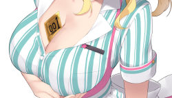 Rule 34 | 1girl, blonde hair, blue eyes, breasts, cleavage, hachimiya meguru, hand on breasts, highres, idolmaster, idolmaster shiny colors, shirt, striped clothes, striped shirt, user mazy8788, vertical-striped clothes, vertical-striped shirt, white background