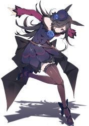 Rule 34 | 1girl, animal ears, ankle bow, ankle ribbon, arm up, bare shoulders, belt, black hair, black thighhighs, blue dress, blue flower, blue footwear, blue hat, blue rose, bow, breasts, brown belt, dress, flipped hair, flower, fur collar, hair over one eye, hat, hat flower, highres, horse ears, horse girl, ikurauni, landing, leg ribbon, leg up, long hair, long sleeves, looking at viewer, off-shoulder dress, off shoulder, one eye covered, purple eyes, purple sleeves, raglan sleeves, ribbon, rice shower (umamusume), rose, shadow, shoes, simple background, small breasts, solo, swept bangs, thighhighs, tilted headwear, umamusume, white background