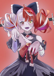 Rule 34 | 1girl, :d, ahoge, bandaged arm, bandages, black bow, black dress, bow, commentary request, double bun, dress, frilled bow, frills, gradient background, hair bow, hair bun, hands up, heterochromia, highres, hololive, hololive indonesia, holoro, kureiji ollie, looking at viewer, multicolored hair, natsuki (natukituki), open mouth, patchwork skin, puffy short sleeves, puffy sleeves, red background, red eyes, red hair, short sleeves, silver hair, smile, solo, stitches, sword, teeth, torn clothes, torn dress, two-tone hair, upper teeth only, virtual youtuber, weapon, yellow eyes