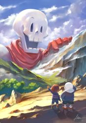 Rule 34 | 1other, 2boys, :d, artist name, blue sky, brothers, cliff, cloud, day, facing away, frisk (undertale), giant, gloves, hand up, hood, hood down, hoodie, looking at viewer, maa tc, mountain, multiple boys, open mouth, outdoors, papyrus (undertale), red footwear, red gloves, sans (undertale), shirt, siblings, size difference, sky, smile, striped clothes, striped shirt, tree, undertale, waving