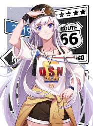 Rule 34 | 1girl, absurdres, aviator sunglasses, azur lane, bare shoulders, baseball cap, black shorts, blue eyes, casual, chinese commentary, closed mouth, collarbone, commentary request, contemporary, cowboy shot, enterprise (anniversary ride) (azur lane), enterprise (azur lane), eyewear on headwear, hand on own hip, hat, highres, long hair, looking at viewer, mu shanmu san, off shoulder, route 66, shirt, short shorts, shorts, sidelocks, silver hair, smile, solo, standing, sunglasses, t-shirt, very long hair, wristband