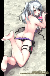 Rule 34 | 10s, 1girl, ass, barefoot, bikini, butt crack, eyepatch, feet, food, hakase tatsurou, infinite stratos, kooribata, laura bodewig, long hair, looking back, lying, on stomach, pillarboxed, red eyes, shaved ice, silver hair, soles, solo, spoon, swimsuit, toes, twintails, untied