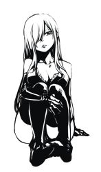 Rule 34 | 1girl, arm support, boots, breasts, cleavage, collarbone, elbow gloves, erza scarlet, fairy tail, full body, gloves, greyscale, hair over one eye, head tilt, long hair, mashima hiro, medium breasts, monochrome, official art, parted lips, simple background, sitting, sketch, solo, swept bangs, thigh boots, thighhighs, very long hair, white background
