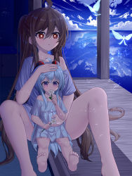 Rule 34 | absurdres, aged down, ahoge, alternate costume, bare shoulders, barefoot, black hair, blue hair, chinese commentary, cloud, cloudy sky, collarbone, commentary, dress, eating, flag, ganyu (genshin impact), genshin impact, hair between eyes, headpat, height difference, highres, holding, holding flag, horizon, horns, hu tao (genshin impact), hug, hug from behind, long hair, looking at viewer, looking away, looking up, night, night sky, ocean, parted lips, purple eyes, red eyes, shirt, short sleeves, sidelocks, size difference, sky, skym (kumei), soles, symbol-shaped pupils, toes, twintails, white dress, white shirt, wooden floor