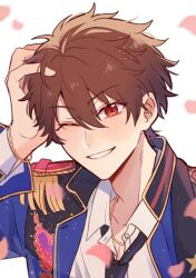 Rule 34 | 1boy, black necktie, bracelet, brown eyes, brown hair, buttons, collared shirt, commentary request, ensemble stars!, hand on own head, jacket, jewelry, long sleeves, looking at viewer, male focus, morisawa chiaki, necktie, neki (nekiansu0918), official alternate costume, one eye closed, open clothes, open collar, open jacket, petals, shirt, short hair, simple background, smile, solo, teeth, white background, white shirt