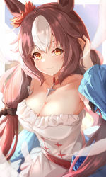Rule 34 | 1girl, absurdres, animal ears, bad id, bad twitter id, blush, breasts, brown eyes, brown hair, cleavage, closed mouth, dress, highres, horse ears, horse girl, large breasts, long hair, long sleeves, looking at viewer, multicolored hair, sky cappuccino, smile, solo, streaked hair, twintails, umamusume, white dress, white hair, yamanin zephyr (umamusume)