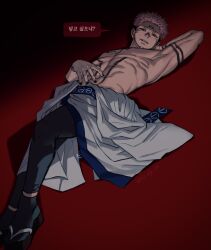 Rule 34 | 1boy, arm behind head, armpits, black background, black nails, body markings, gradient background, hand on own stomach, highres, japanese clothes, jujutsu kaisen, kimono, korean text, lying, male focus, on back, pink hair, red background, ryoumen sukuna (jujutsu kaisen), sandals, seductive smile, smile, solo, toned, toned male, topless male, twitter username, zouri