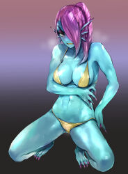 Rule 34 | 1girl, absurdres, arm under breasts, bare arms, bare shoulders, bikini, blue skin, breasts, claws, cleavage, clenched teeth, colored skin, eyeshadow, fins, full body, gradient background, hair over one eye, head fins, highres, kneeling, makeup, medium breasts, midriff, monster girl, navel, ponytail, red eyeshadow, red hair, sharp teeth, sharp toenails, shoji sakura, solo, spread legs, steam, swimsuit, teeth, toenails, undertale, undyne, yellow bikini