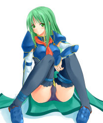 Rule 34 | 1girl, armor, blue armor, blush, elbow gloves, fire emblem, fire emblem: path of radiance, fire emblem: radiant dawn, gloves, green eyes, green hair, konimaru, long hair, matching hair/eyes, nephenee, nintendo, no headwear, panties, pantyshot, simple background, sitting, solo, thighhighs, underwear, white background