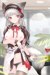 Rule 34 | 1girl, absurdres, alcohol, animal ears, apron, arknights, arm under breasts, bangs, black legwear, black nails, black shirt, blunt bangs, breasts, cafe, closed mouth, commentary, crotch, cup, drinking glass, fox ears, fox tail, frostleaf (arknights), hair ornament, hair ribbon, hairband, head tilt, headphones, highres, indoors, kitsune, lights, long hair, maid, maid apron, medium breasts, nail polish, neck ribbon, nipples, open clothes, open shirt, oripathy lesion (arknights), panties, plant, pleated skirt, red eyes, red ribbon, red skirt, ribbon, shirt, short sleeves, side-tie panties, sidelocks, silver hair, skirt, solo focus, spots, szk (sonzaikannai), table, tail, thighhighs, touching, touching tail, unbuttoned, unbuttoned shirt, underwear, white skirt, window, wine, wine glass