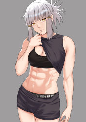 Rule 34 | 1girl, abs, bare shoulders, bbk (13zk), black bra, black shorts, blunt bangs, bra, brand name imitation, breasts, calvin klein, cleavage, clothes lift, fate/grand order, fate (series), female focus, grey hair, grey shirt, grey shorts, highres, lifted by self, long hair, looking at viewer, medium breasts, midriff, muscular, muscular female, navel, penthesilea (fate), shirt, shirt lift, shorts, sidelocks, solo, sports bra, standing, tareme, thighs, underwear, upper body, yellow eyes