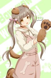 Rule 34 | 1girl, animal ears, animal hands, blush, brown hair, brown overalls, collarbone, cowboy shot, dog ears, dog paws, dog tail, dot nose, drapitz, gloves, hair ribbon, hakozaki serika, highres, hood, hoodie, idolmaster, idolmaster million live!, idolmaster million live! theater days, long hair, looking at viewer, ooarai school uniform, open mouth, overalls, paw gloves, paw pose, pink ribbon, ribbon, school uniform, simple background, speech bubble, tail, twintails, yellow eyes
