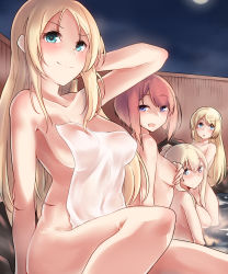 Rule 34 | 4girls, absurdres, ark royal (kancolle), arm at side, arm behind head, blonde hair, blue eyes, blush, breasts, closed mouth, collarbone, commentary request, convenient censoring, covering breasts, covering privates, eyes visible through hair, full moon, hand in own hair, highres, jervis (kancolle), kantai collection, kiritto, large breasts, long hair, looking at viewer, medium breasts, moon, multiple girls, nelson (kancolle), night, nude, nude cover, onsen, open mouth, outdoors, red hair, short hair, sidelocks, sitting, small breasts, smile, standing, steam, towel, united kingdom, wading, warspite (kancolle), water, white towel