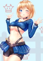 Rule 34 | .live, 1girl, ;d, ahoge, bike shorts, black shorts, blonde hair, blue bow, blue eyes, blue shirt, blue skirt, blush, bottle, bow, breasts, choker, collarbone, commentary, cowboy shot, crop top, hands up, highleg, highres, long sleeves, looking at viewer, medium breasts, midriff, milk bottle, miniskirt, navel, one eye closed, open mouth, pleated skirt, shirt, short hair, short shorts, shorts, showgirl skirt, skirt, smile, solo, standing, stomach, underboob, ushimaki riko, virtual youtuber, yuano