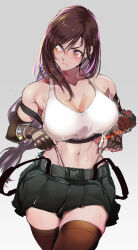 Rule 34 | 1girl, :t, adjusting clothes, adjusting panties, belt, black gloves, black skirt, blush, breasts, brown eyes, brown hair, brown thighhighs, cleavage, collarbone, commentary request, elbow gloves, elbow pads, final fantasy, final fantasy vii, final fantasy vii remake, fingerless gloves, gloves, highres, koda1ra, large breasts, long hair, looking to the side, low-tied long hair, materia, navel, paid reward available, panties, panty straps, single elbow pad, skirt, solo, sports bra, suspender skirt, suspenders, suspenders hanging, sweat, thighhighs, tifa lockhart, toned, underwear, white sports bra, zettai ryouiki
