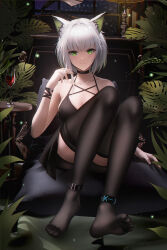 Rule 34 | 1girl, animal ears, anklet, arknights, bare shoulders, black dress, black thighhighs, breasts, choker, cup, cushion, dress, drinking glass, green hair, highres, jewelry, kal&#039;tsit (arknights), lamp, ling dianxia, looking at viewer, medium breasts, plant, short hair, smile, solo, thighhighs, white hair, wine glass