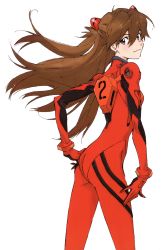 Rule 34 | 1girl, absurdres, ass, blue eyes, breasts, brown hair, hair ornament, hands on own hips, hayashi akemi, highres, legs apart, long hair, looking at viewer, looking back, neon genesis evangelion, official art, plugsuit, scan, shiny clothes, simple background, small breasts, smile, solo, souryuu asuka langley, twintails, upper body, very long hair, white background