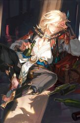 Rule 34 | 1boy, black pants, blonde hair, bottle, empty bottle, feather hair ornament, feathers, full body, genshin impact, hair ornament, head rest, highres, kaveh (genshin impact), long sleeves, looking at viewer, male focus, medium hair, pants, pectoral cleavage, pectorals, red eyes, shirt, solo, thijikoy, white shirt, wine bottle