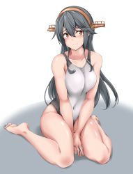 Rule 34 | 1girl, alternate costume, bad id, bad pixiv id, between legs, black hair, breasts, brown eyes, collarbone, competition swimsuit, covered navel, hair ornament, hairband, hairclip, hand between legs, haruna (kancolle), headgear, highleg, highleg swimsuit, highres, kantai collection, large breasts, long hair, nn tasu, one-piece swimsuit, sitting, solo, swimsuit, wariza, white one-piece swimsuit