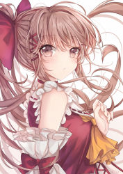 Rule 34 | 1girl, :/, artist name, ascot, bare shoulders, blush, bow, breasts, brown eyes, brown hair, closed mouth, commentary, detached sleeves, from side, gradient background, hair bow, hair ornament, hakurei reimu, long hair, looking at viewer, looking to the side, medium breasts, ponytail, red bow, red shirt, ribbon trim, shirt, solo, symbol-only commentary, symbol-shaped pupils, touhou, upper body, venn (vebonbon), white background, x hair ornament, yellow ascot