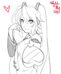 Rule 34 | 1girl, chocolate, eu03, gift, hair over one eye, hatsune miku, heart, long hair, monochrome, necktie, outstretched hand, sketch, solo, twintails, valentine, very long hair, vocaloid