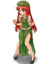 Rule 34 | 1girl, absurdres, bad id, bad pixiv id, beret, black footwear, black ribbon, braid, clenched hands, full body, green eyes, green hat, green skirt, hat, highres, hong meiling, long hair, long skirt, nob1109, pelvic curtain, puffy short sleeves, puffy sleeves, red hair, ribbon, shadow, shoes, short sleeves, side slit, skirt, solo, standing, star (symbol), straight hair, teeth, touhou, twin braids, v-shaped eyebrows, wristband