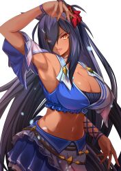 Rule 34 | 1girl, absurdres, animal ears, arm up, armpits, black hair, blue shirt, blue skirt, bracelet, breasts, cleavage, commentary request, cowboy shot, cropped shirt, dark-skinned female, dark skin, detached sleeves, ear ornament, eve on k, eyes visible through hair, fang, hair ornament, hair over one eye, hairclip, highres, hishi amazon (umamusume), horse ears, horse girl, horse tail, jewelry, large breasts, long hair, long sleeves, looking at viewer, midriff, navel, open mouth, red eyes, shirt, simple background, skirt, smile, solo, tail, two-tone shirt, two-tone skirt, umamusume, v-shaped eyebrows, very long hair, white background, white shirt, white skirt