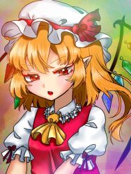 Rule 34 | 1girl, ascot, blonde hair, bow, breasts, collared shirt, crystal, fang, flandre scarlet, frilled shirt collar, frilled sleeves, frills, green background, hat, hat ribbon, looking down, medium hair, mob cap, multicolored background, multicolored wings, one side up, open mouth, orange background, pointy ears, puffy short sleeves, puffy sleeves, red bow, red eyes, red ribbon, red vest, ribbon, shirt, short sleeves, sleeve bow, small breasts, solo, touhou, upper body, utagi 0216, v-shaped eyebrows, vest, white hat, white shirt, wings, yellow ascot