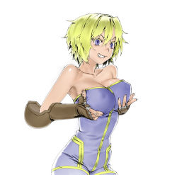 Rule 34 | 1girl, blonde hair, breast lift, breasts, covered erect nipples, final fantasy, final fantasy tactics, fingerless gloves, gloves, grin, large breasts, monk (fft), muhamado, purple eyes, short hair, smile, solo, white background