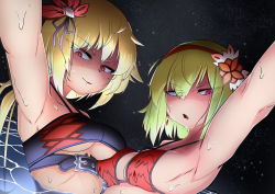 Rule 34 | 2girls, absurdres, asymmetrical docking, belt, belt bra, bikini, blonde hair, blush, breast press, breasts, cleavage, cleavage cutout, clothing cutout, dhampir, dhampir (monster girl encyclopedia), earrings, frown, hairband, half-human, half-undead, highres, jewelry, long hair, looking at viewer, looking away, low ponytail, mature female, mixed species, monster girl, monster girl encyclopedia, monster girl encyclopedia ii, multiple girls, naughty face, night, open mouth, pink eyes, red eyes, revealing clothes, short hair, sideboob, sky, slit pupils, small breasts, smile, star (sky), starry sky, swimming, swimsuit, tyomoti, undead, underboob, underboob cutout, vampire, vampire (monster girl encyclopedia), water
