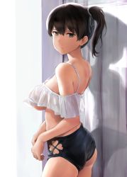 Rule 34 | 1girl, alternate costume, ass, bare shoulders, black shorts, breasts, brown eyes, brown hair, closed mouth, clothing cutout, commentary request, cowboy shot, crop top, expressionless, from behind, heart cutout, highres, kaga (kancolle), kantai collection, large breasts, looking at viewer, looking back, no bra, paid reward available, paid reward available, see-through, short hair, short shorts, shorts, side ponytail, solo, strap gap, underboob, wa (genryusui), wooden wall