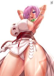 Rule 34 | 1girl, armpits, arms behind head, arms up, bare shoulders, blush, body markings, breasts, cosplay, dress, fate/grand order, fate (series), guriguri (arayotto4351), hair over one eye, highres, himiko (fate), himiko (fate) (cosplay), himiko (first ascension) (fate), jewelry, large breasts, light purple hair, looking at viewer, magatama, magatama necklace, mash kyrielight, necklace, open mouth, purple eyes, sash, short hair, side slit, sideboob, smile, solo, thighs, wet, white dress