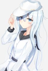Rule 34 | 1girl, black sailor collar, blue eyes, buttons, grey background, hair between eyes, hammer and sickle, hat, hibiki (kancolle), kantai collection, long hair, long sleeves, sailor collar, sailor shirt, shirt, silver hair, simple background, solo, sumisaki, upper body, verniy (kancolle), white hat, white shirt