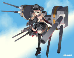 Rule 34 | 10s, 1girl, bismarck (kancolle), blonde hair, blue eyes, breasts, full body, gloves, hat, kantai collection, long hair, military, military hat, naitou ryuu, peaked cap, sky, solo, standing, standing on liquid, standing on one leg, thighhighs, twitter username