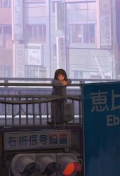 Rule 34 | 1girl, :d, against railing, bridge, brown eyes, brown hair, building, commentary request, highres, long sleeves, open mouth, original, outdoors, railing, road sign, sign, smile, solo, standing, tomioka jirou, traffic light, wide shot