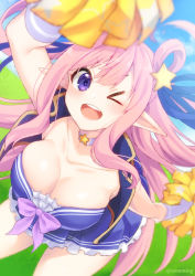 Rule 34 | 1girl, breasts, elf, hatsune (princess connect!), highres, large breasts, nyanmaru (ememing), open mouth, pink hair, pointy ears, princess connect!, purple eyes, swimsuit, tagme