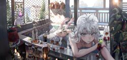 Rule 34 | 1girl, absurdres, alcohol, ass, barefoot, bath, bathing, blush, cat, feet, grey eyes, highres, long hair, looking at viewer, nude, plant, potted plant, silver hair, soles, toes