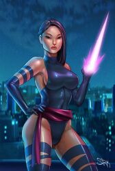 Rule 34 | 1girl, artist request, ass, blue leotard, breasts, city, curvy, energy sword, glowing, glowing hand, highleg, highleg leotard, highres, large breasts, leotard, lips, long hair, looking at viewer, marvel, night, night sky, psychic, psylocke, purple hair, red sash, revealing clothes, sash, shiny clothes, shiny skin, sky, solo, standing, sword, very long hair, weapon, wide hips, x-men