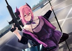 Rule 34 | 1girl, absurdres, black jacket, blurry, blurry background, breasts, cleavage, commission, dragunov noa, glasses, gun, hair ornament, hairclip, highres, holding, holding gun, holding weapon, horns, jacket, motor vehicle, motorcycle, necktie, original, pantyhose, parking lot, pink hair, pink skirt, pointy ears, purple eyes, purple horns, rifle, shadow, skirt, smile, solo, weapon