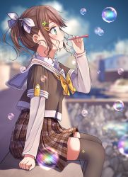 Rule 34 | 1girl, black thighhighs, blurry, blurry background, blush, bow, bowtie, brown hair, brown serafuku, brown shirt, brown skirt, bubble, blowing bubbles, clover hair ornament, commentary request, depth of field, enuni, four-leaf clover hair ornament, green eyes, hair ornament, hair ribbon, hairclip, hand up, highres, holding, layered sleeves, long sleeves, looking afar, looking away, original, parted lips, plaid, plaid skirt, pleated skirt, ribbon, sailor collar, school uniform, serafuku, shirt, short over long sleeves, short sleeves, sidelocks, sitting, skirt, solo, thighhighs, white ribbon, white sailor collar, yellow bow, yellow bowtie