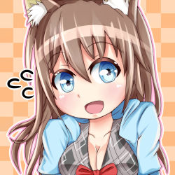 Rule 34 | 1girl, animal ears, blue eyes, blush, breasts, brown hair, checkered background, cleavage, flying sweatdrops, igayan, long hair, medium breasts, open mouth, original, smile, solo