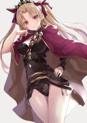 Rule 34 | 1girl, black dress, black leotard, blonde hair, blush, breasts, cape, collar, covered navel, dress, earrings, ereshkigal (fate), fate/grand order, fate (series), grey background, hair ribbon, hand on own hip, hand up, harimoji, highres, hip focus, hoop earrings, jewelry, leotard, long hair, looking at viewer, medium breasts, red cape, red eyes, ribbon, simple background, smile, solo, thighs, tiara, tohsaka rin
