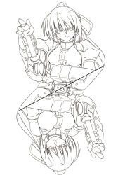 Rule 34 | 00s, 1girl, armor, gauntlets, greyscale, laevatein (nanoha), long sleeves, looking at viewer, lyrical nanoha, mahou shoujo lyrical nanoha, mahou shoujo lyrical nanoha a&#039;s, monochrome, short hair, signum, simple background, symmetry, uniform, upper body, white background