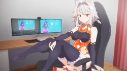 Rule 34 | 1girl, absurdres, animal ear fluff, animal ears, bare shoulders, black bridal gauntlets, black gloves, black thighhighs, blush, breasts, bridal gauntlets, cat ears, cat girl, chaina, chair, china dress, chinese clothes, commentary, computer, desk, dress, fall guy, fall guys, floral print, framed breasts, gaming chair, gloves, gold trim, grey hair, hair intakes, hand on own knee, highres, indie virtual youtuber, indoors, keyboard (computer), knees up, livestream, looking at viewer, monitor, no shoes, patrick fche, print dress, red dress, red eyes, second-party source, side slit, sitting, sleeveless, sleeveless dress, small breasts, smirk, solo, spanish commentary, swivel chair, thighhighs, thighs, virtual youtuber