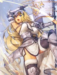 Rule 34 | &gt;:o, 1girl, :o, arm up, armor, armored dress, armpits, black thighhighs, blonde hair, blue eyes, bouncing breasts, breasts, chain, commentary request, fate/apocrypha, fate/grand order, fate (series), flag, from below, gauntlets, greaves, headpiece, highres, jeanne d&#039;arc (fate), jeanne d&#039;arc (ruler) (fate), jeanne d&#039;arc (third ascension) (fate), long hair, looking at viewer, looking down, medium breasts, melon22, open mouth, solo, thighhighs, v-shaped eyebrows, very long hair