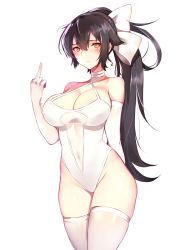 Rule 34 | 1girl, azur lane, ban bu bu duou, black hair, blush, breasts, cleavage, closed mouth, covered navel, cowboy shot, elbow gloves, gloves, hair flaps, hair ribbon, highres, large breasts, long hair, looking at viewer, middle finger, one-piece swimsuit, ponytail, pout, ribbon, simple background, solo, standing, swimsuit, takao (azur lane), takao (beach rhapsody) (azur lane), thighhighs, very long hair, white background, white gloves, white one-piece swimsuit, white ribbon, white thighhighs, yellow eyes
